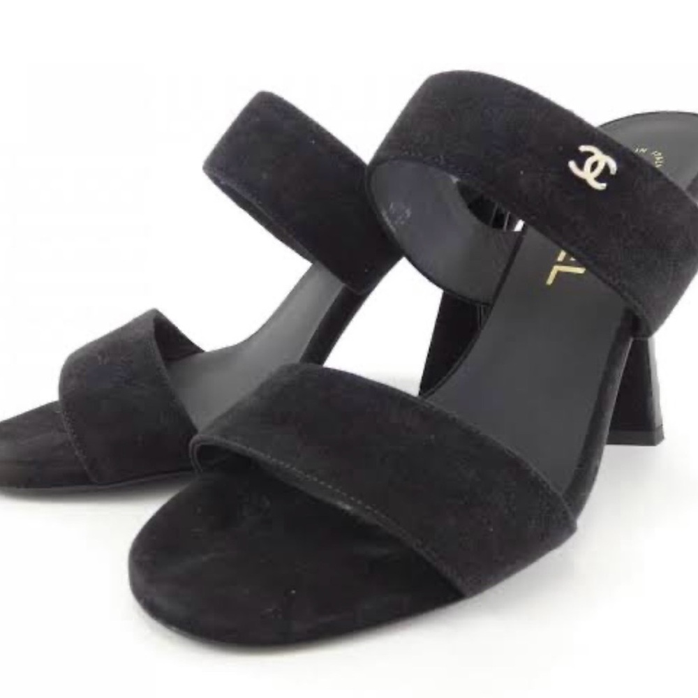 Chanel Black Suede Two-Band Heel Sandals 38 Pearl Heels
